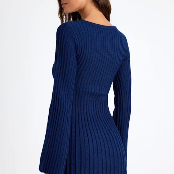 Lulus Convincing Poise Navy Ribbed Long Sleeve Skater Mini Dress Blue - Size M - Picture 4 of 4